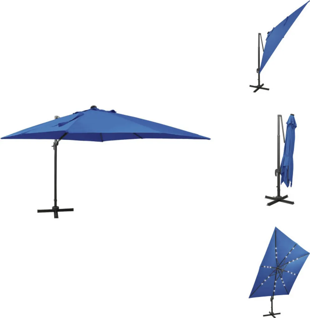 Parasol de jardin à LED Bleu Azur 300 cm avec mât central pour extérieur