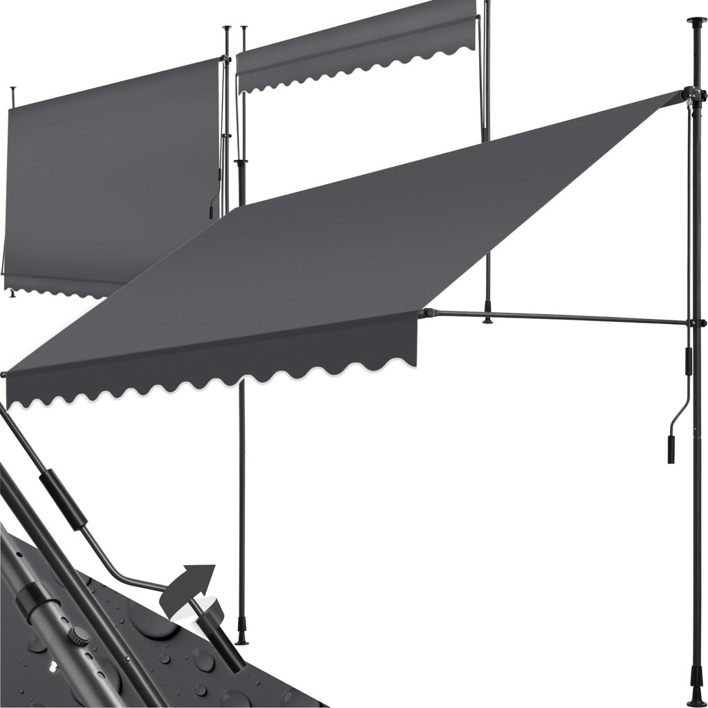 Three grey awnings are shown against a white background. The awnings are angled and appear to be made of fabric stretched over a metal frame.