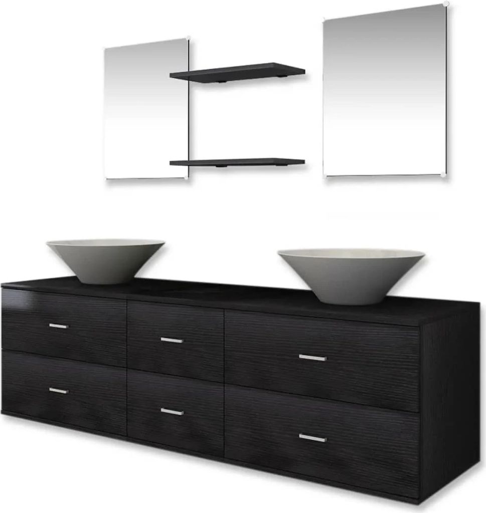 7-tlg.Badmöbel und Waschbecken Set Schwarz