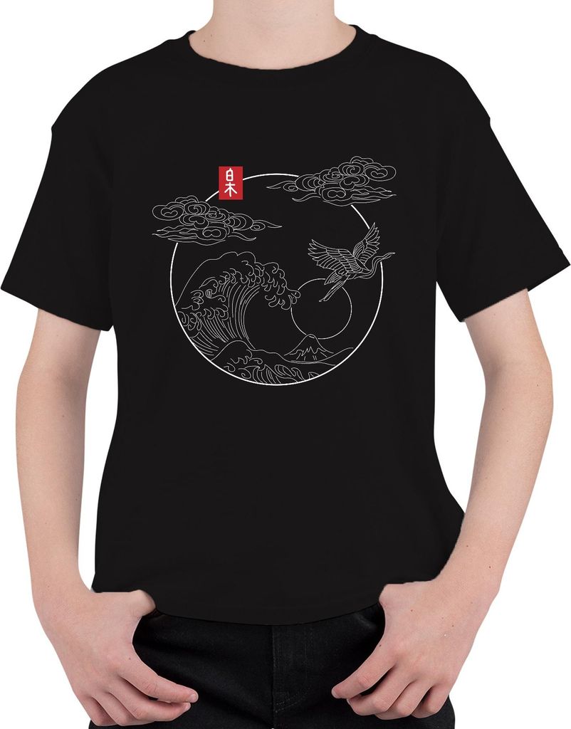 Japanische Welle Kranich Fuji Sonne Wolken Kreis Linienkunst Uni Kinder T-Shirt, Schwarz, 152