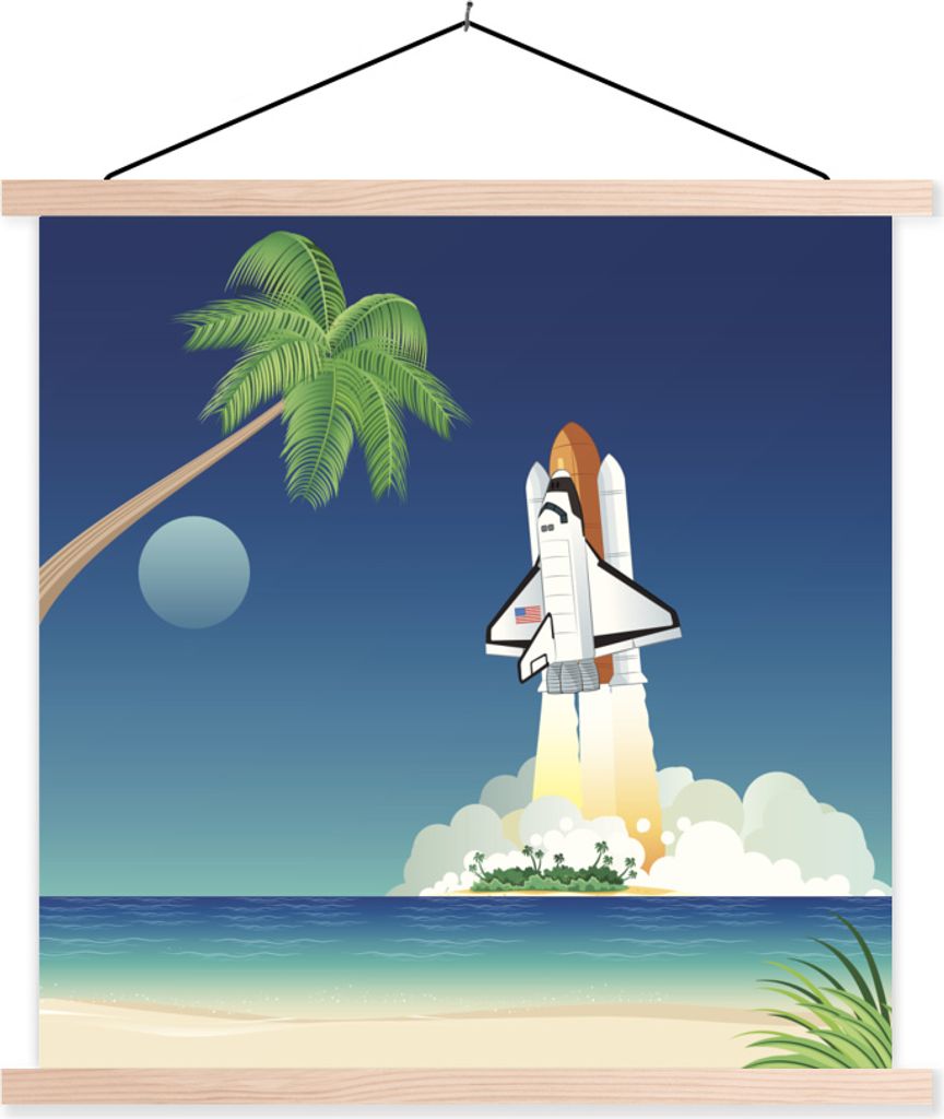 MuchoWow Textilposter Eine Illustration der Raumfähre, die von einer Insel abfliegt 40x40 cm mit holzfarbenen Rahmen - Posterleiste