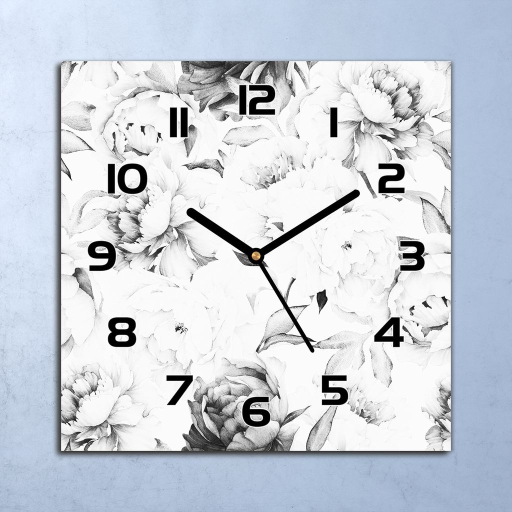 Wanduhr Echt-Glas-Küchenuhr Pfingstrose Skizze Quarz 30x30 Deko Bilder