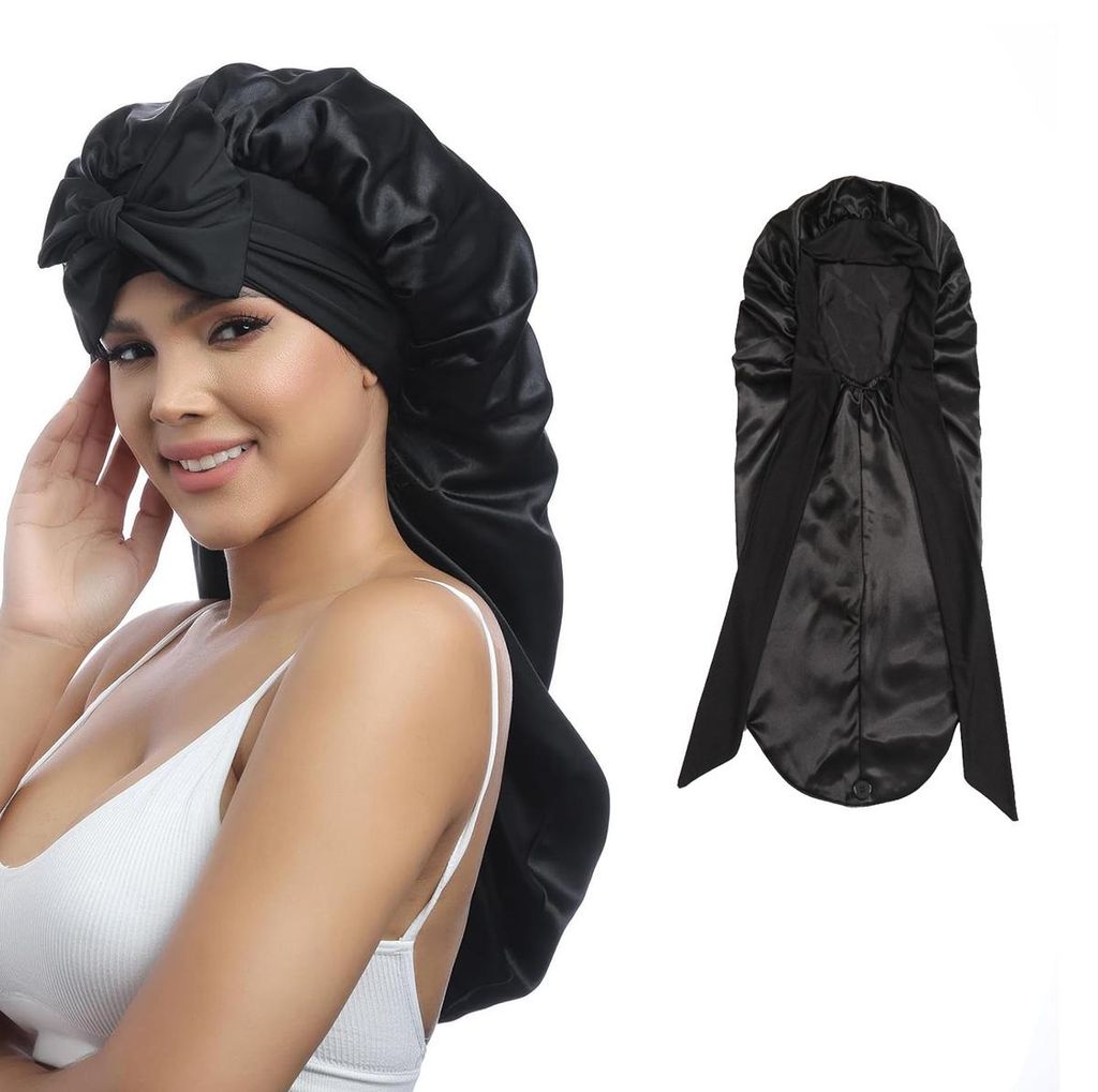 Extra lange Satinhaube für Damen, große Seidenhaube mit verstellbarem Zopfmuster, Bindeband und schwarzen Haargummis, doppellagige elastische Sei...