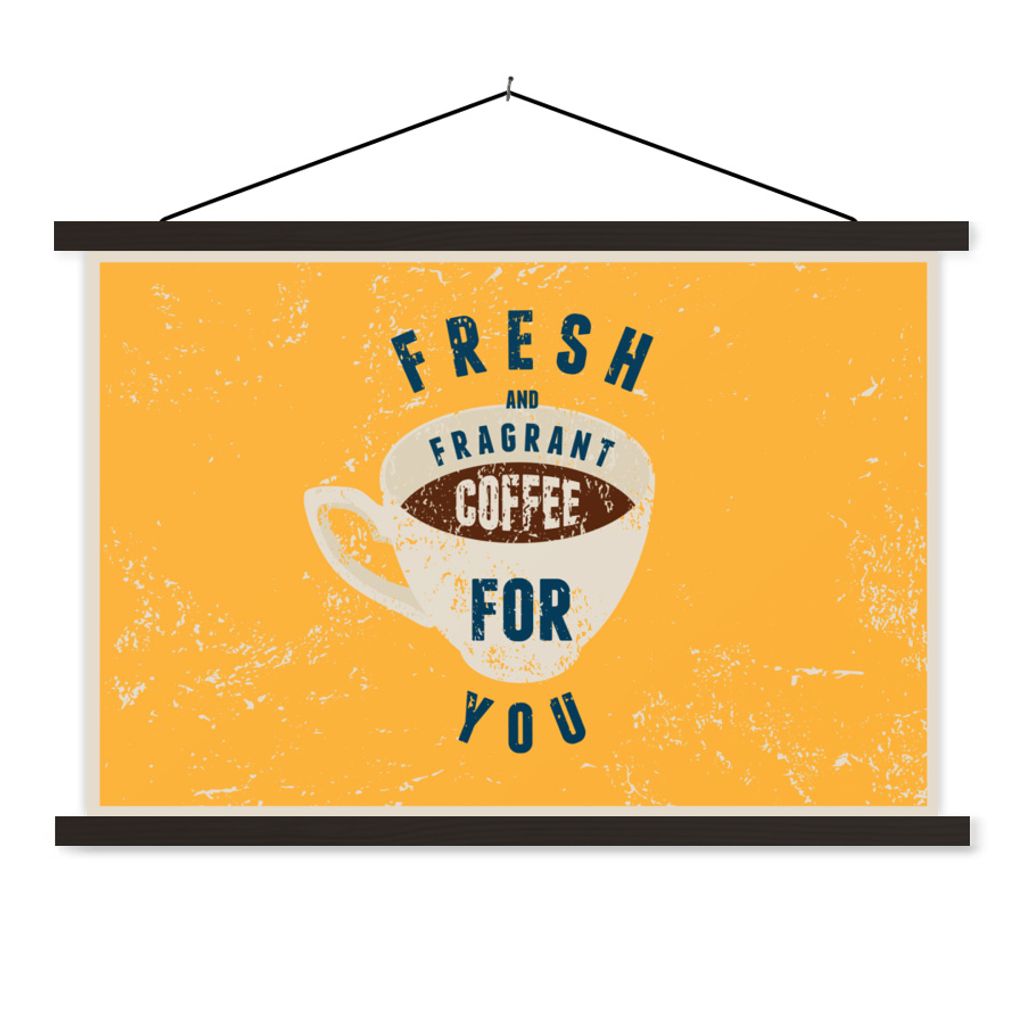 MuchoWow Textilposter Frischer und duftender Kaffee für dich - Sprichwörter - Kaffee - Vintage - Zitate 60x40 cm mit schwarzem Rahmen - Hölzernes