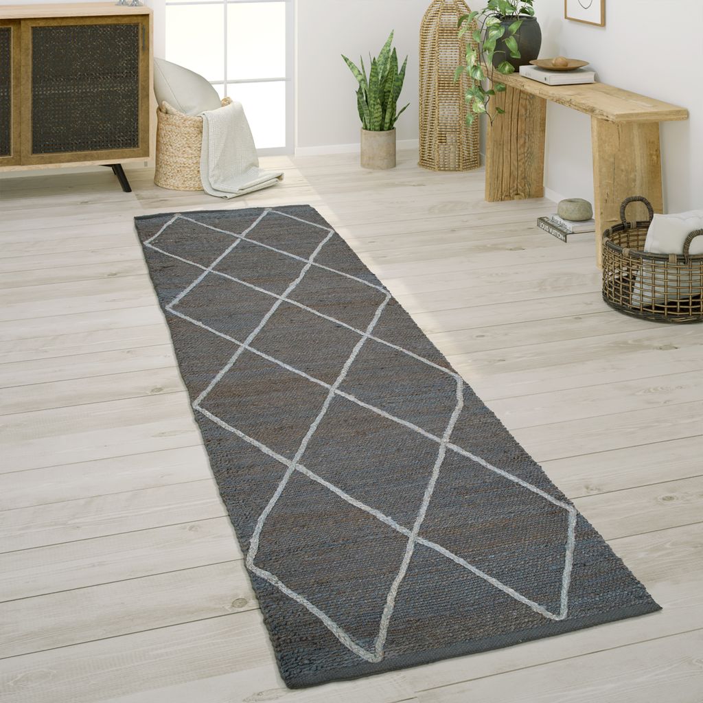 Teppich Wohnzimmer Jute Naturfaser Handgearbeitet Modernes Skandi 3D Muster Grösse 80x250 cm