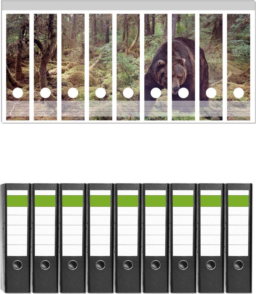 Wallario 9 Stück breite Ordner inkl. Klebeetiketten mit Motive Gefährlicher Grizzlybär im Wald - Set mit Rückenschildern / Ordnerrücken Stickern