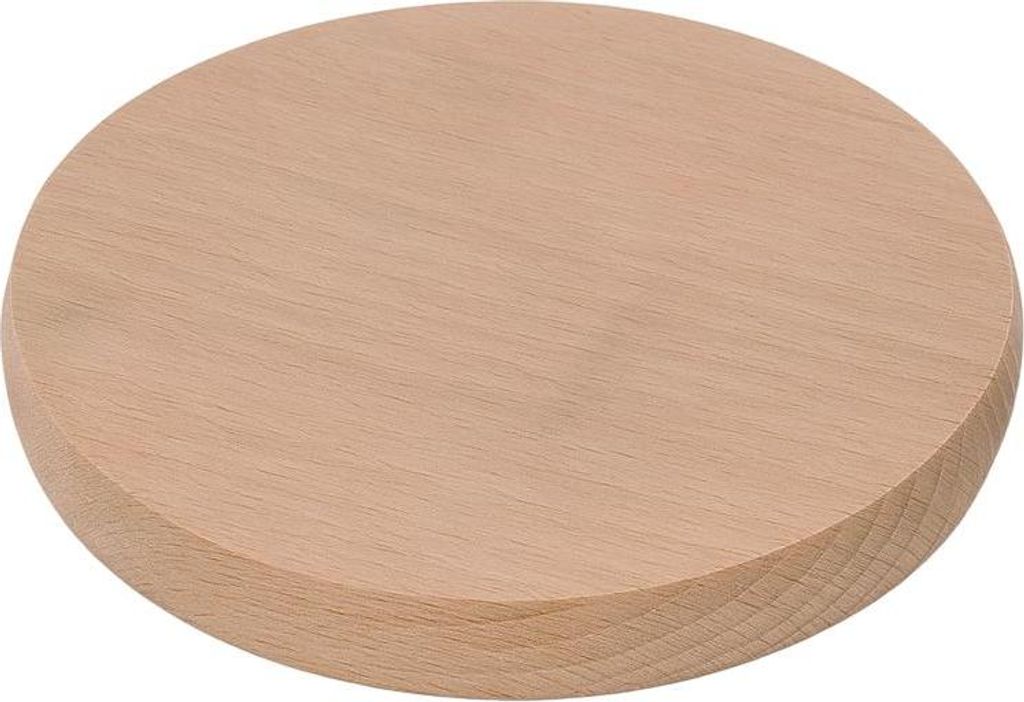 A round wooden cutting board on a white background.