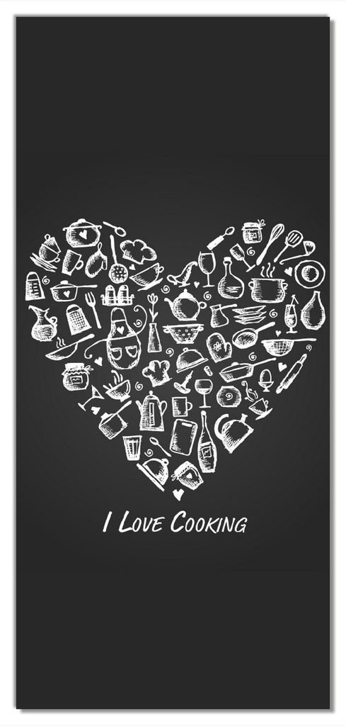 Wallario selbstklebende Türtapete 100 x 220 cm - I Love Cooking - Herz aus Küchenutensilien in schwarz weiß - Abwischbar, rückstandsfrei zu ent...
