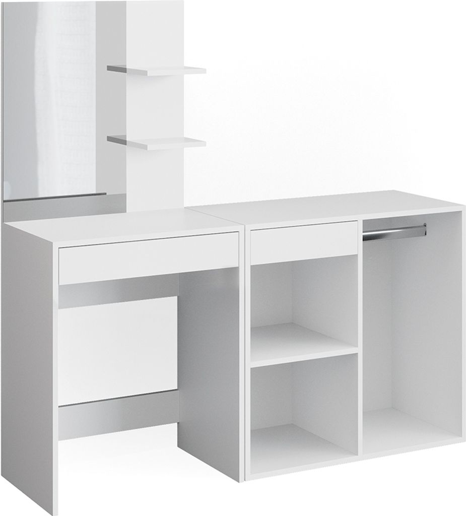 A white vanity table with a mirror and shelves.