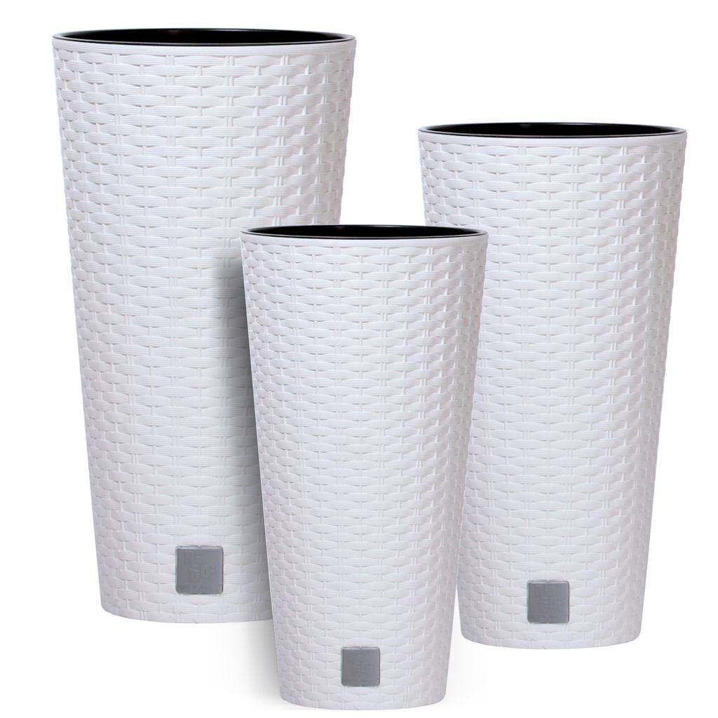 Three white rattan-style planters of varying heights are arranged together against a white background.