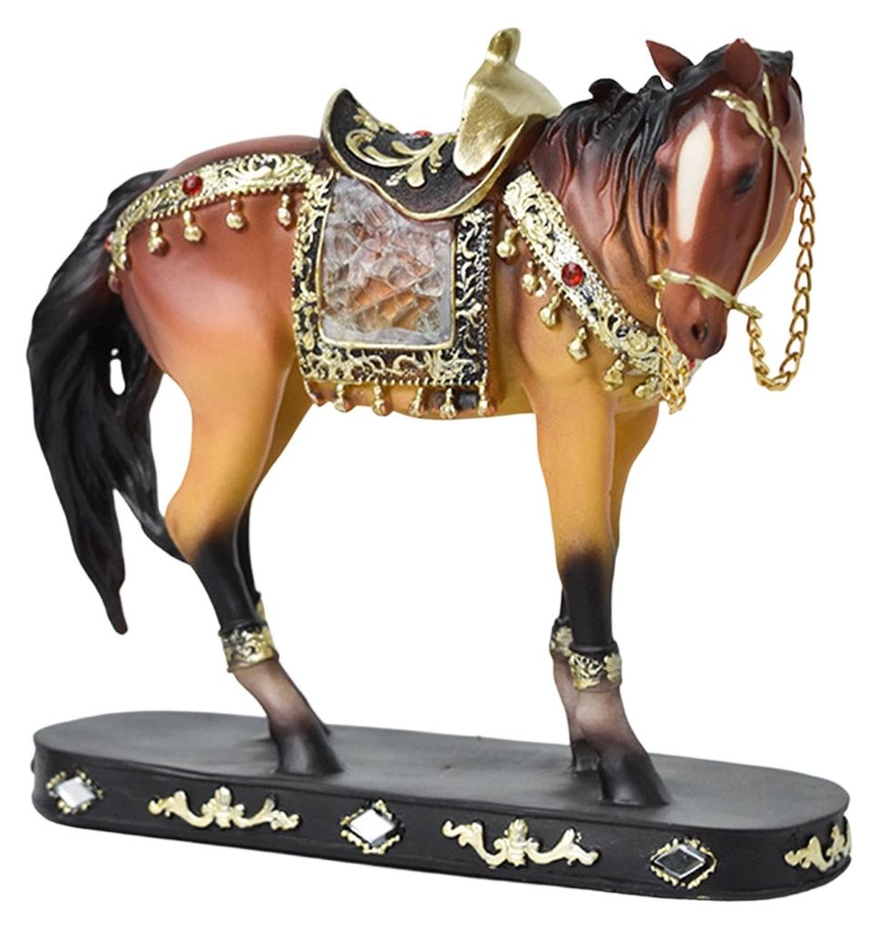Retro-Pferdestatue, künstlerische Pferdefigur mit Sockel, goldfarbene Pferdeskulptur aus Kunstharz für Regal, Kaminsims oder Schrank
