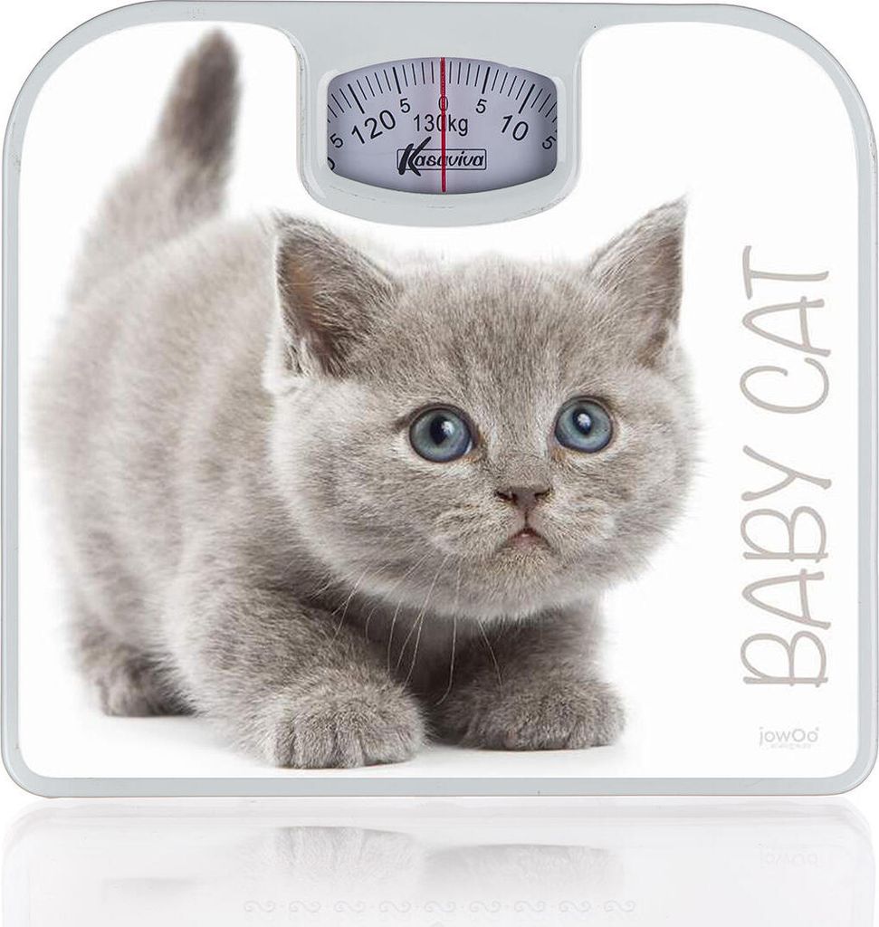 A mechanical scale with a kitten image on it.