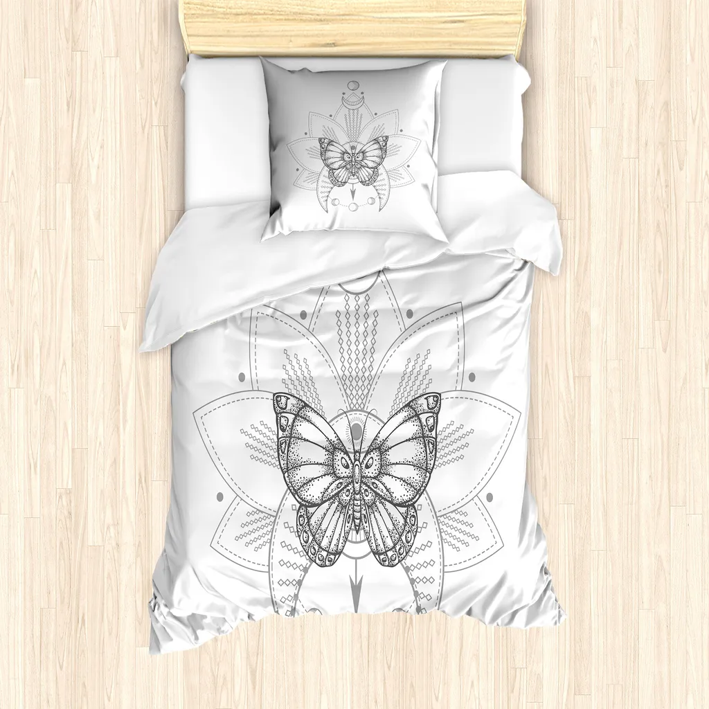 ABAKUHAUS Set copripiumino a mezzaluna per letti singoli, fiori a farfalla Mystic, antiacaro, adatto a chi soffre di allergie, con federa, 135 cm x 200 cm - 80 x 80 cm, grigio chiaro e bianco