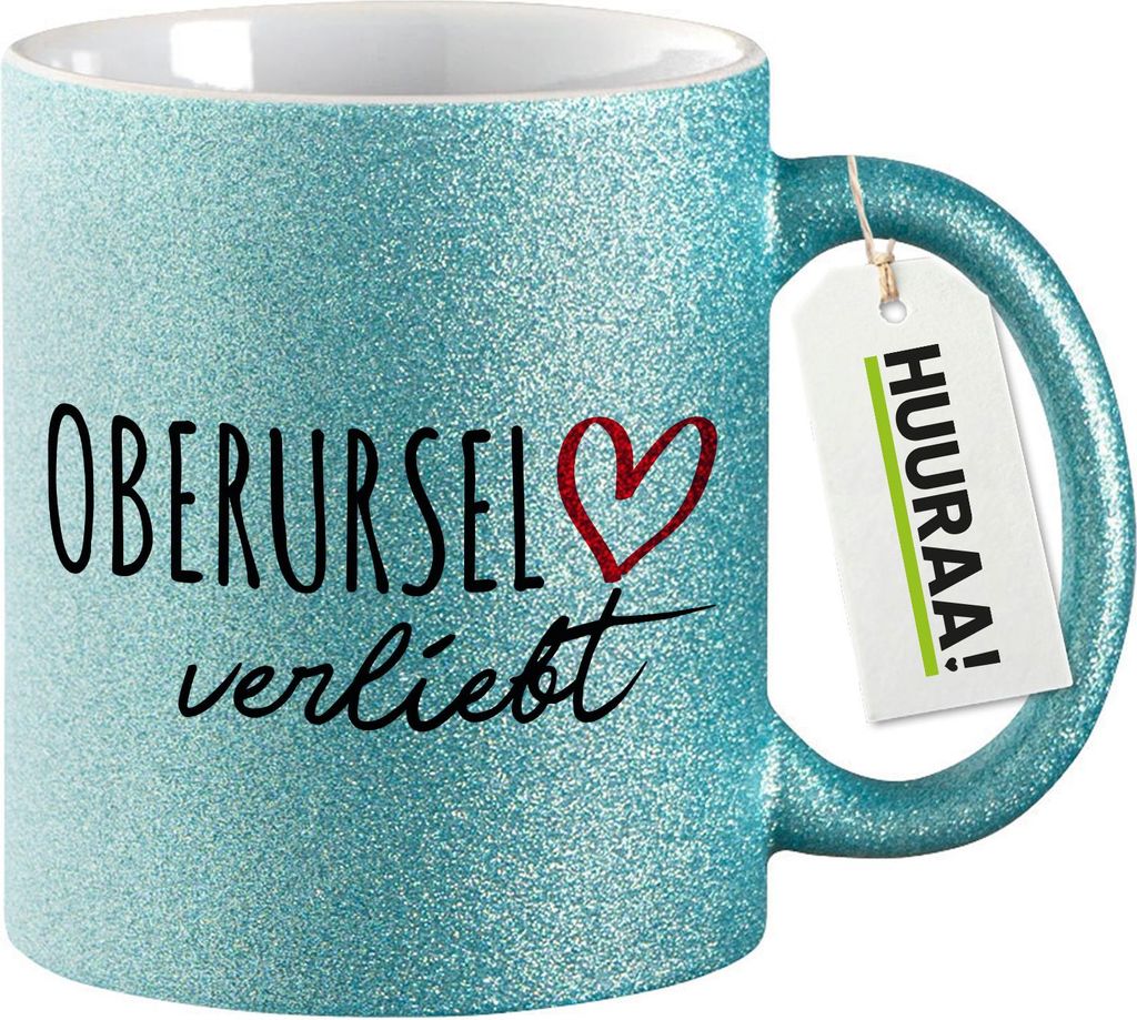 Huuraa Glitzertasse Oberursel (Taunus) verliebt 330ml Blau Keramik Kaffeebecher Geschenkidee