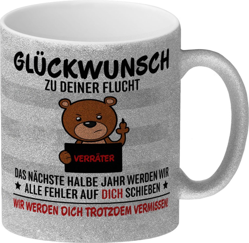 Glückwunsch zur Flucht, Verräter Mittelfinger Glitzer-Kaffeebecher mit Bär