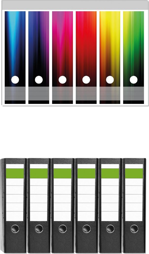 Wallario 6 Stück breite Ordner inkl. Klebeetiketten mit Motive Bunte Regenbogenstreifen auf Schwarz - Set mit Rückenschildern / Ordnerrücken St...