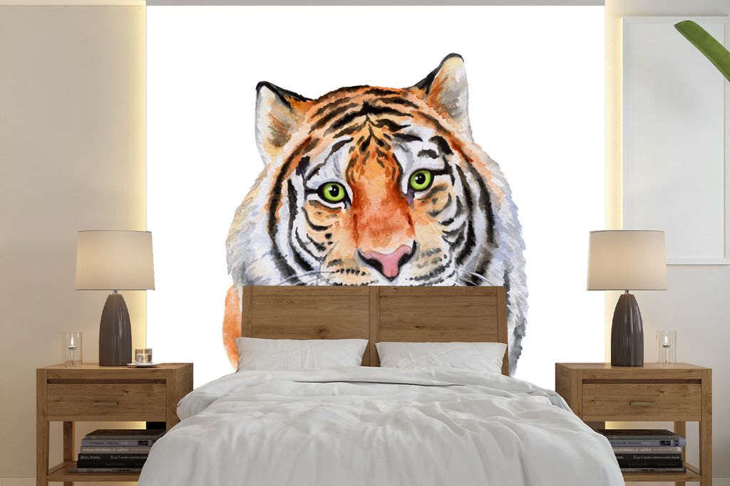 MuchoWow Fototapete für Wohnzimmer oder Schlafzimmer Wandtapete Vinyl Motivtapete Tiger - Augen - Grün - 280x280 cm - Hintergrundbild