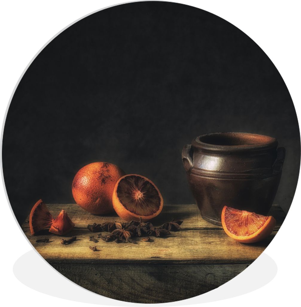 MuchoWow Rundes Wandbild - Runde Bilder Gemälde - Stilleben - Vase - Tisch - Orange - Kunst Ø 30 cm Kreis Wanddekoration Kunststoff - Wandkreis...