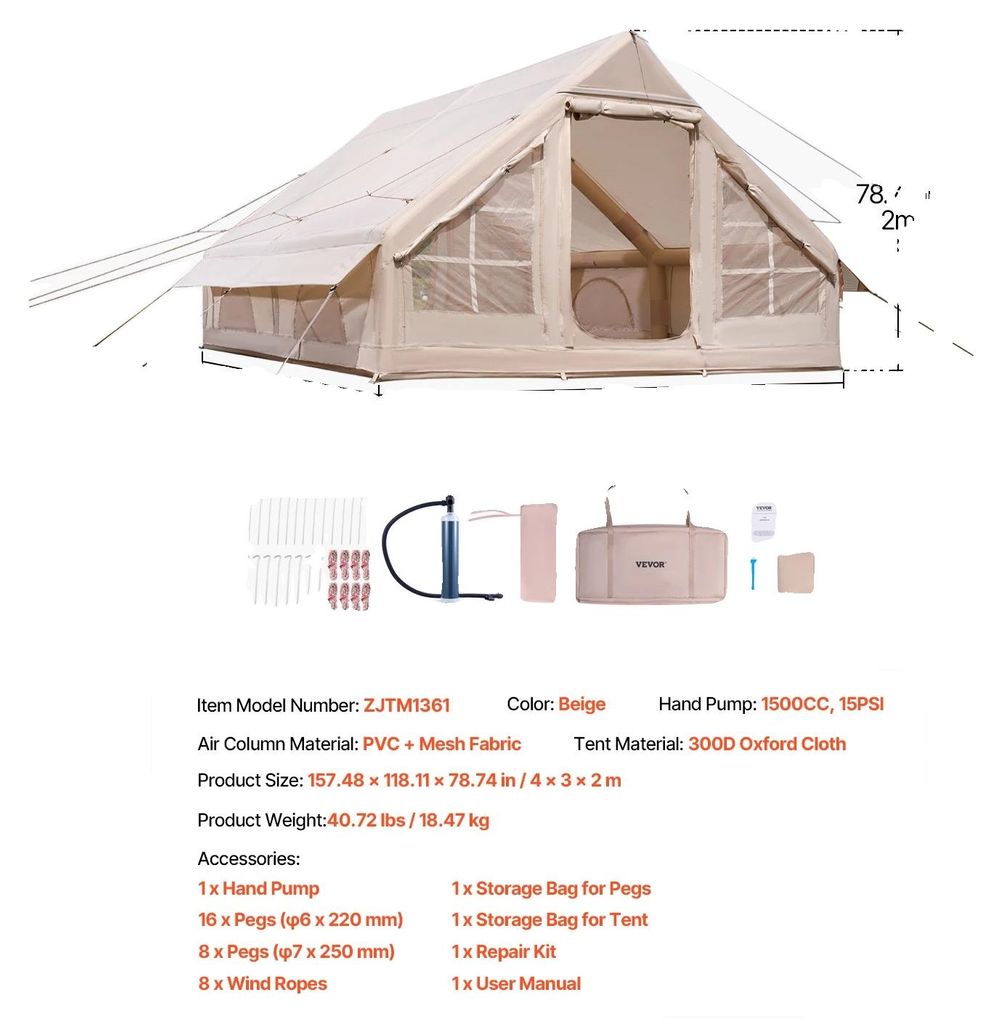 VEVOR Aufblasbares Zelt, geräumiges Design 3x2m, strapazierfähiges 300D Oxford-Gewebe, 4x3,1m