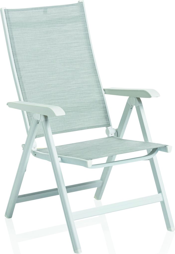 A white folding chair with light gray fabric.