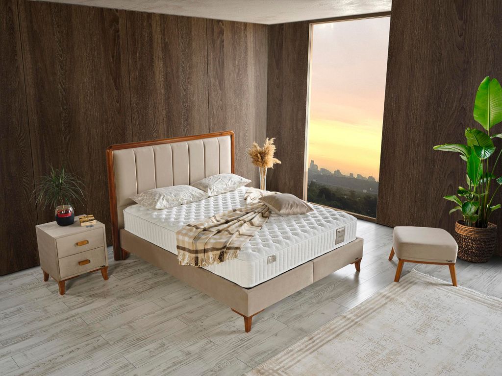Schlafzimmer-Set "Rovina" – Bett mit Bettkasten und Matratze , Nachttisch, Hocker-Beige