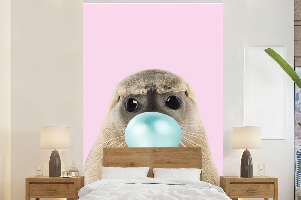 MuchoWow Fototapete für Wohnzimmer oder Schlafzimmer Wandtapete Vinyl Motivtapete Siegel - Kaugummi - Rosa - Blau - Mädchen - Kinder - Kinder -...