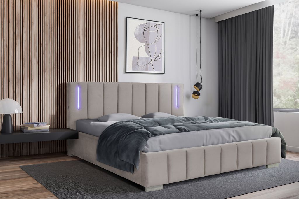 Polsterbett 160 x 200 cm mit Bettkasten und Matratze Lattenrost, Bonellmatratze H3, LED-Beleuchtung Velours Beige Ankona