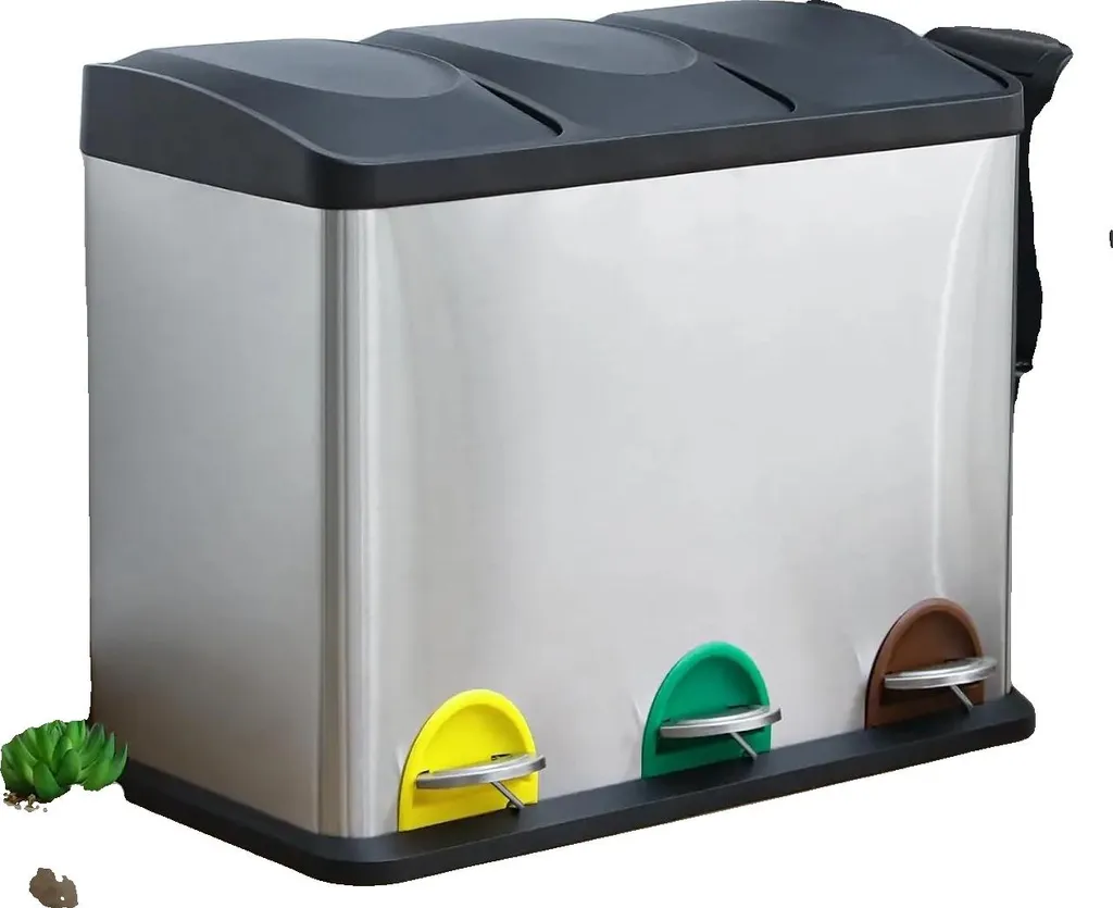 Poubelle tri sélectif 3 compartiments 45L en acier inox avec pédales