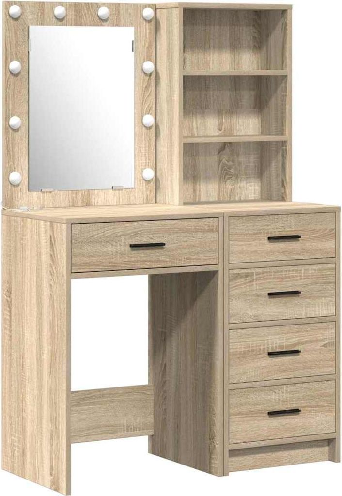 A makeup vanity with a mirror and shelves, shown against a white background.