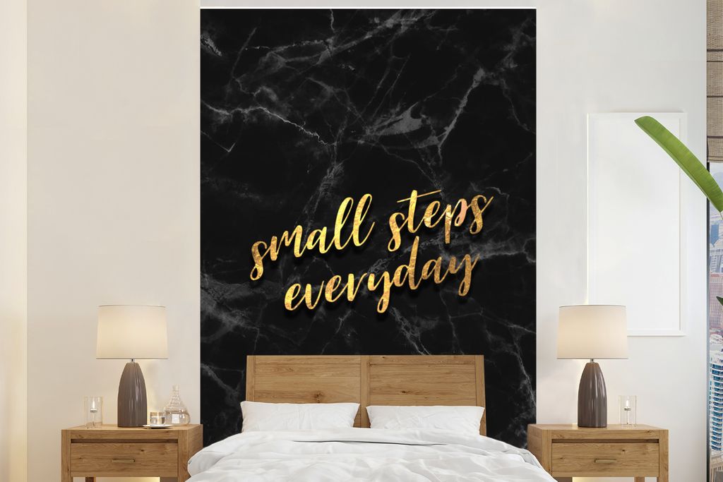 MuchoWow Fototapete für Wohnzimmer oder Schlafzimmer Wandtapete Vinyl Motivtapete Zitate - Stufe - Gold - Marmor - 160x240 cm - Vinyltapete