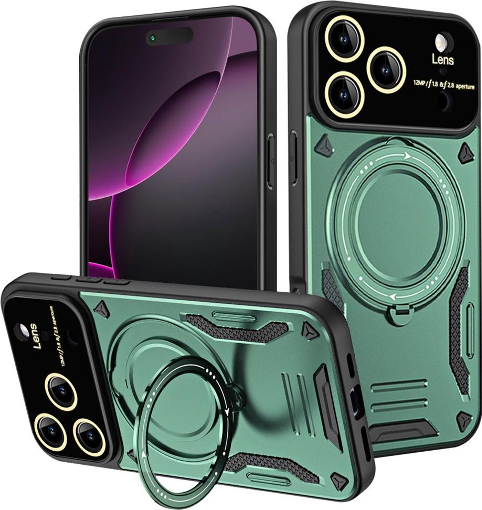 Rüstung Handyhülle für iPhone 17 Pro Max Dual-Layer Magnetisches Ringhalter Ständer Magsafe Hülle Grün