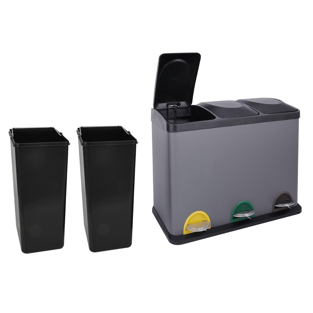 A set of trash bins on a white background.