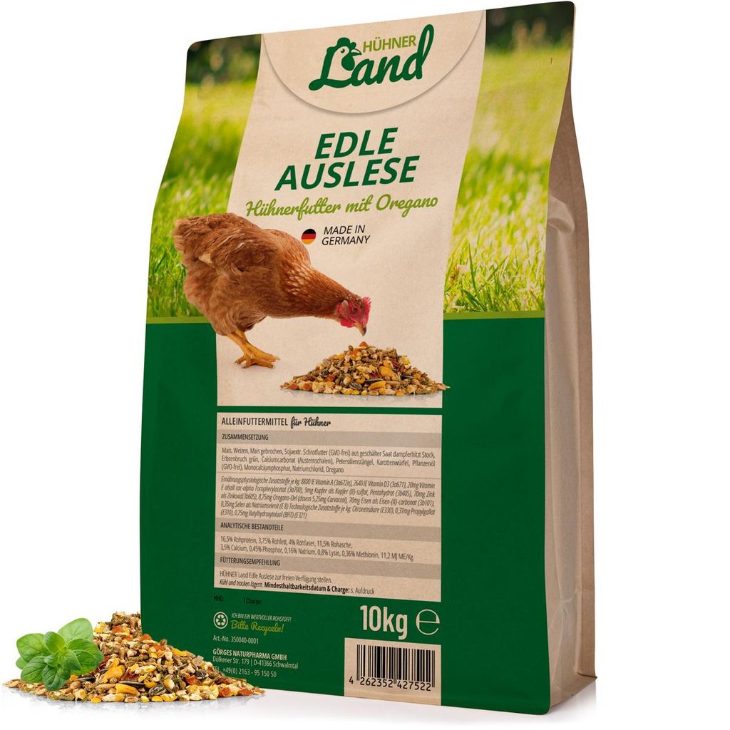 HÜHNER Land Hühnerfutter Edle Auslese mit Oregano 10kg – Hühner Alleinfutter, Ausgewogen & natürlich mit Calcium & Mineralstoffen ohne Gentec...