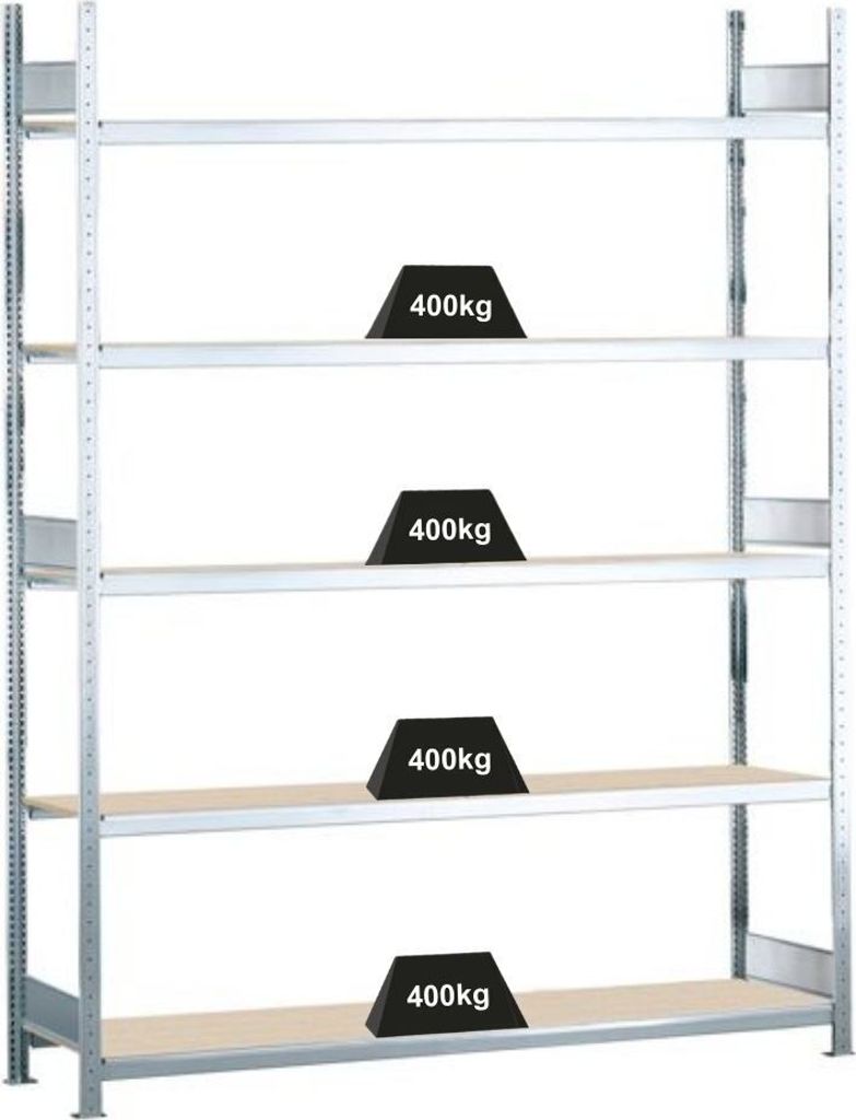 Schulte Weitspannregal mit Spanplatten WS 2000 | Grundregal | HxBxT 300x150x60cm | 5 Ebenen | Fachlast 400kg | Verzinkt