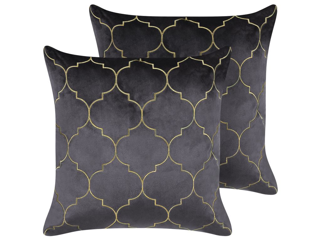 BELIANI Dekokissen 2er Set Grau und Gold Samtbezug mit Füllung Marokkanisches Muster 45 x 45 cm Wohnzimmer Salon Schlafzimmer Modern