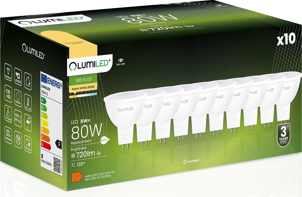 LUMILED GU5.3 LED žiarovky 230V bodové 10 ks sada, MR16 8W Obrázok produktu 