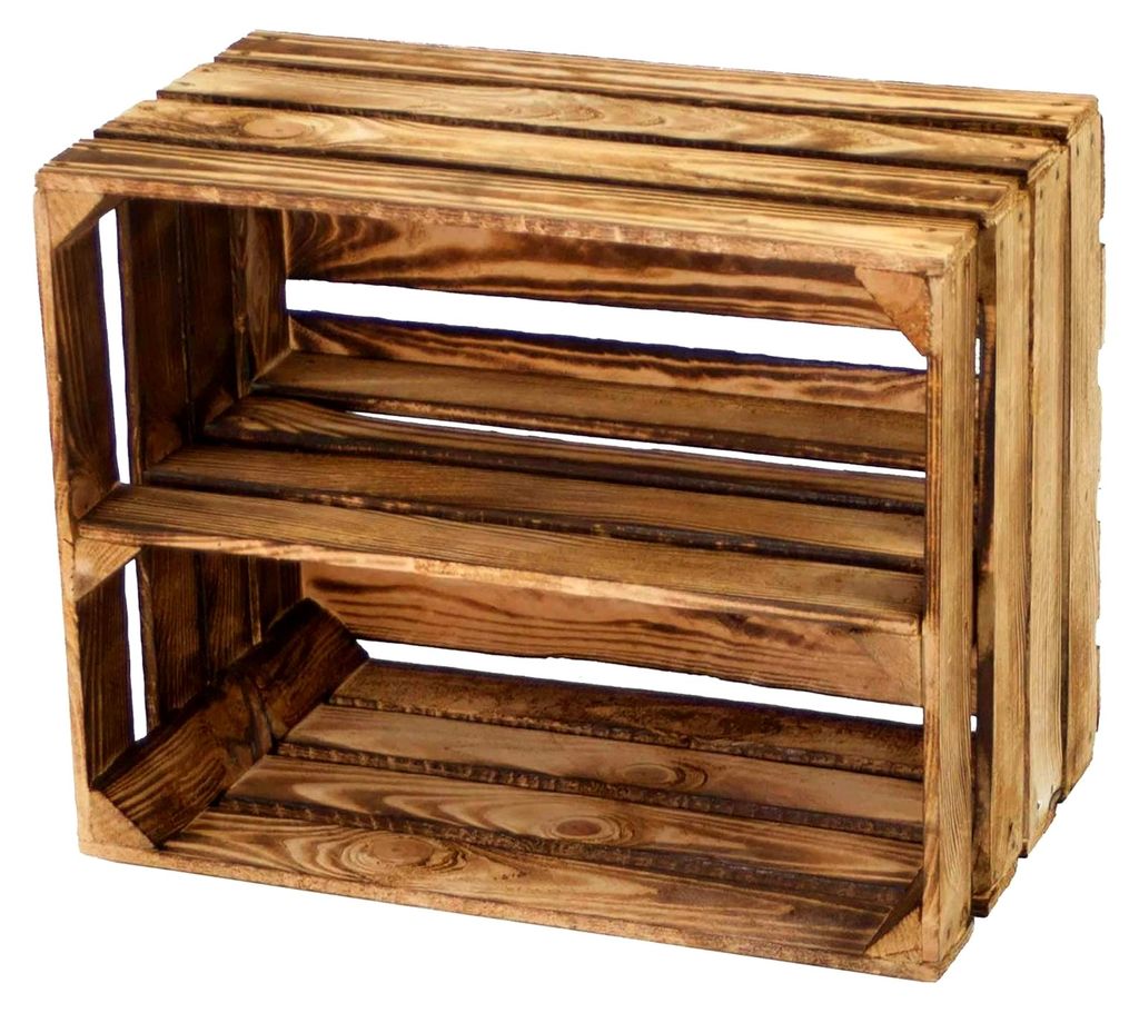 Weinkiste mit Zwischenbrett in geflammter Optik als Regal für Schuhe oder Bücher