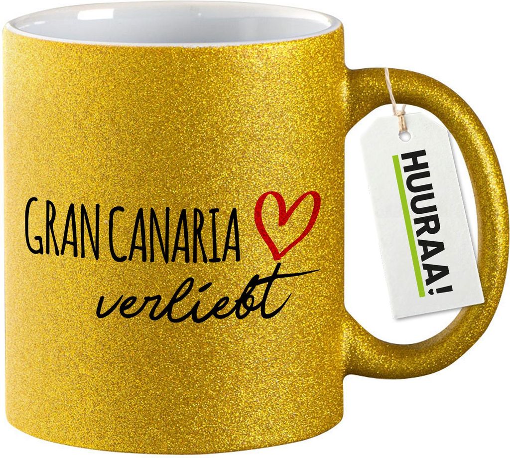 Huuraa Glitzertasse Gran Canaria verliebt 330ml Gold Keramik Kaffeebecher Geschenkidee