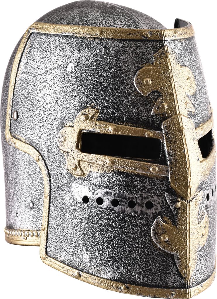 A close-up, side view of a toy knight's helmet.