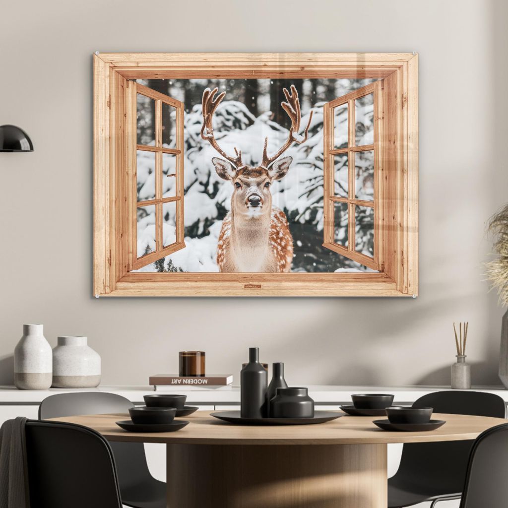 MuchoWow Glasbilder - Bilder auf Wandbild - Foto auf Glas Durchsichtig - Hirsche - Schnee - Winter - Wald - Tiere 80x60 cm Wanddekoration aus Glas ...