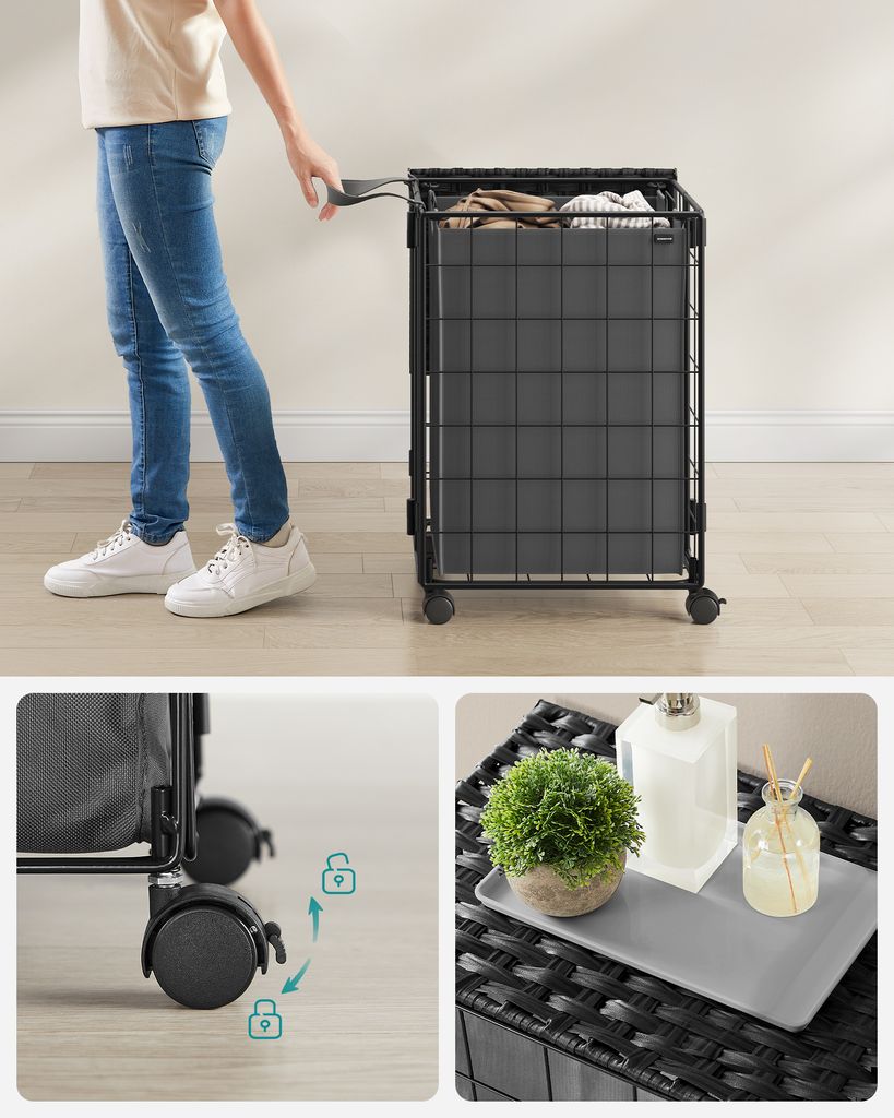 SONGMICS Koš na prádlo 90 L, Koš na prádlo s kolečky, Vozík Obrázek produktu 3