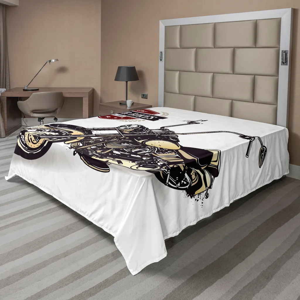 ABAKUHAUS Lenzuolo per moto, Chopper personalizzato con insegna del club "Motor Bikes" Hippie Classic, lenzuolo morbido e confortevole per un letto decorativo 1 pezzo 266 cm x 260 cm, nero beige