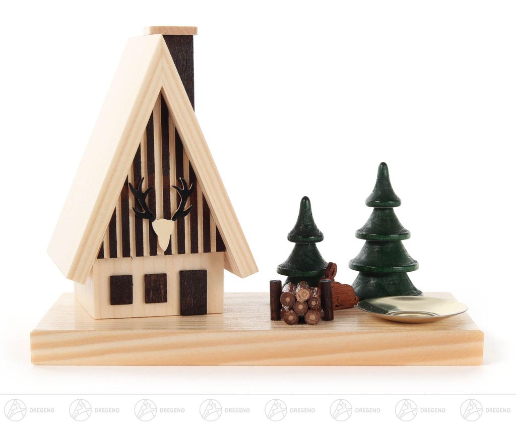 Räuchermann Räucherhaus Waldhaus mit Hase/Bäume und Kerzenhalter für Kerze d=14mm Breite x Höhe x Tiefe 15 cmx11 cmx7,5 cm NEU