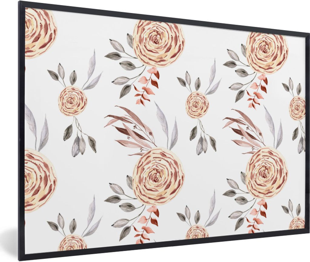 MuchoWow Gerahmtes Poster Rosen - Gold - Braun - Weiß 30x20 cm - Poster mit Schwarzem Bilderrahmen Wandposter Rahmen Foto Bilder - Kunstdruck - ...