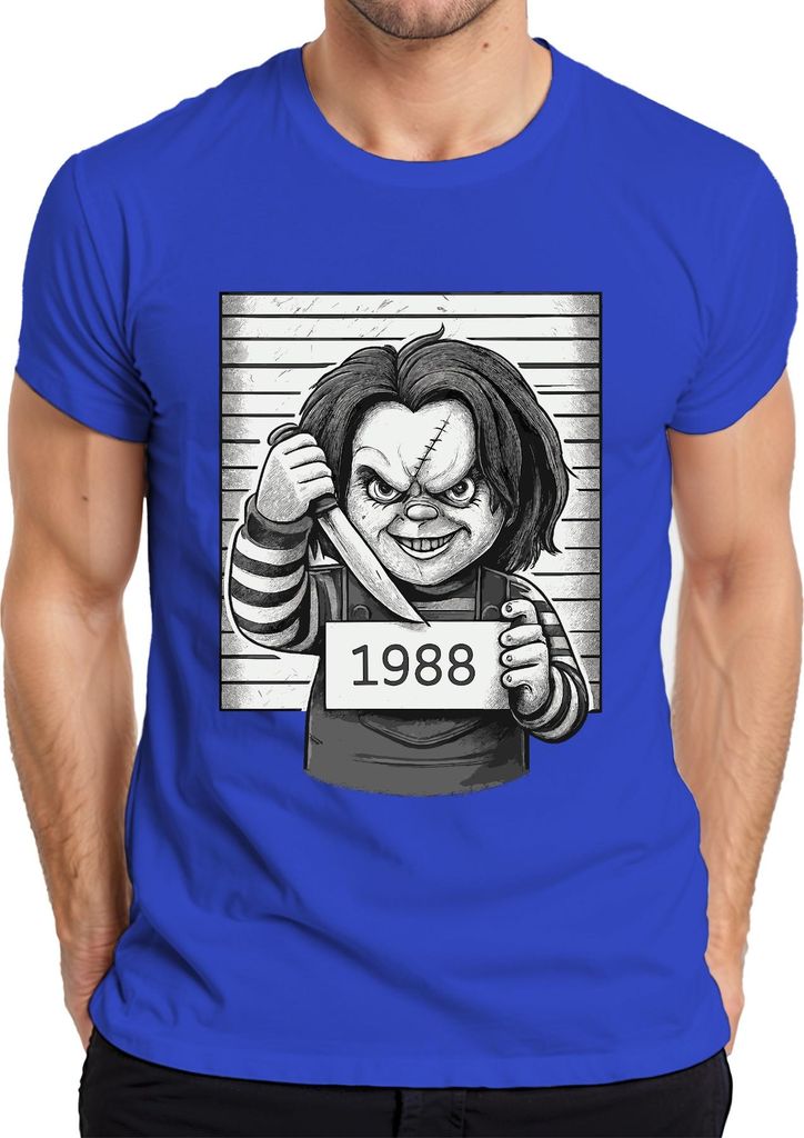 Chucky Mörderpuppe 1988 Horror Polizeifoto Killer Puppe Cult Herren T-Shirt, Blau, M