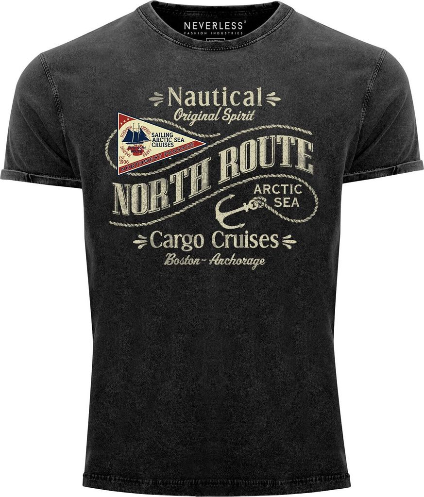 Herren Vintage Shirt North Route Nautik Anker Adventure Printshirt T-Shirt Aufdruck Used Look Slim Fit Neverless schwarz S