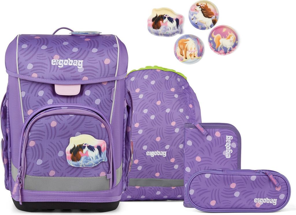 A collection of purple school supplies with a pony theme, including a backpack, pencil case, and decorative patches.