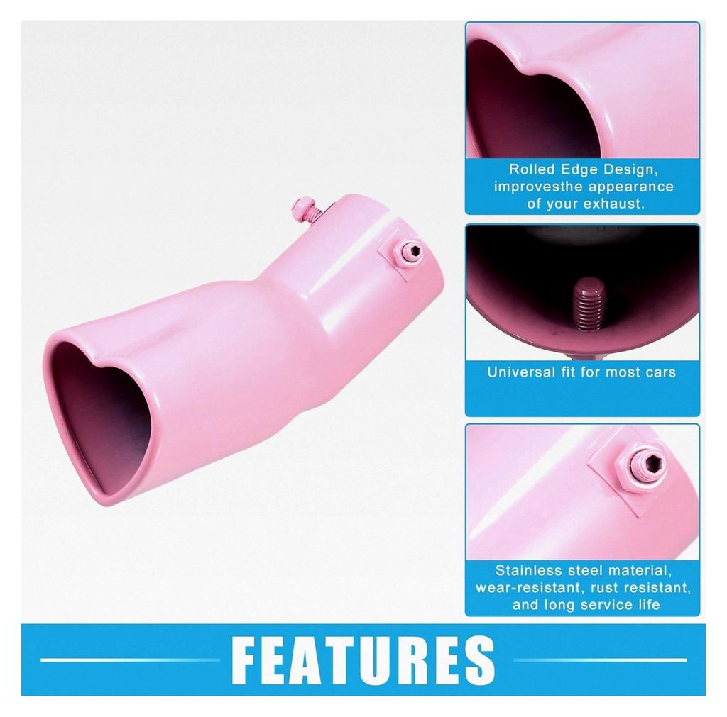 Auspuffendstück herzförmig 63 mm Außendurchmesser 67x60 mm Auslass 190 mm Länge gebogenes Schraubenaufsatz-Auspuffendstück Metall Pink