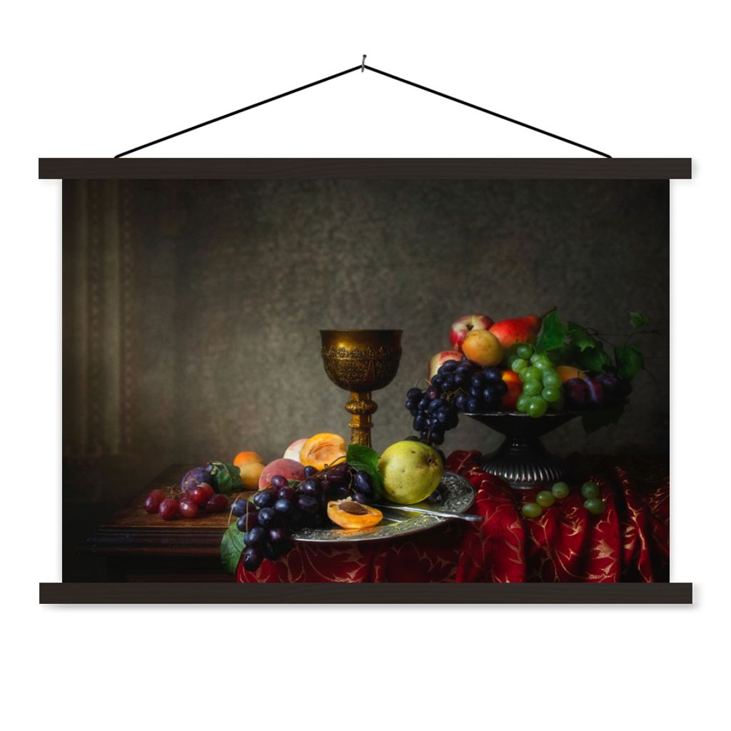 MuchoWow Textilposter Rustikal - Tisch - Obst - Stilleben - Tasse 120x80 cm mit schwarzem Rahmen - Wanddeko