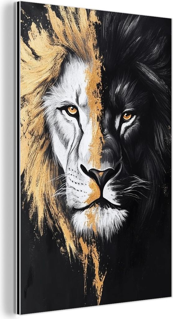 MuchoWow Wanddekoration Metall Metallbild Wandkunst 100x150 cm Löwe - Split - Schwarz - Linie MuchoWow Aluminium Gemälde - Bild